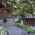 Tranquil Garden Landscape With Lush Trees Water Pond And Cozy Seating Area