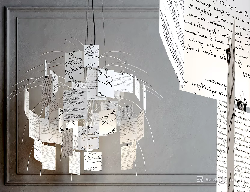 Creative Paper Cut Chandelier with Handwritten Notes Hanging in Modern Decorative Space 3d model 