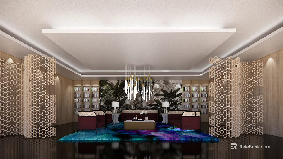 Modern Reception Area Design With Bookshelves Chandelier Colorful Rug And Comfortable Sofas 3d model 