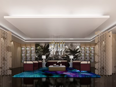 Modern Reception Area Design With Bookshelves Chandelier Colorful Rug And Comfortable Sofas 3d model