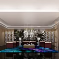 Modern Reception Area Design With Bookshelves Chandelier Colorful Rug And Comfortable Sofas