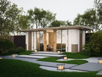 Modern Garden Sunshade With Large Glass Windows Wooden Accents Stone Path And Greenery 3d model