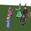 Group of People in Traditional Costumes Playing on Green Grassland with Children