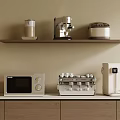 Modern Kitchen Shelf And Countertop With Espresso Machine Microwave Toaster And Appliances