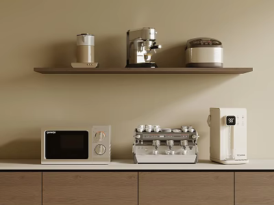 Modern Kitchen Shelf And Countertop With Espresso Machine Microwave Toaster And Appliances 3d model