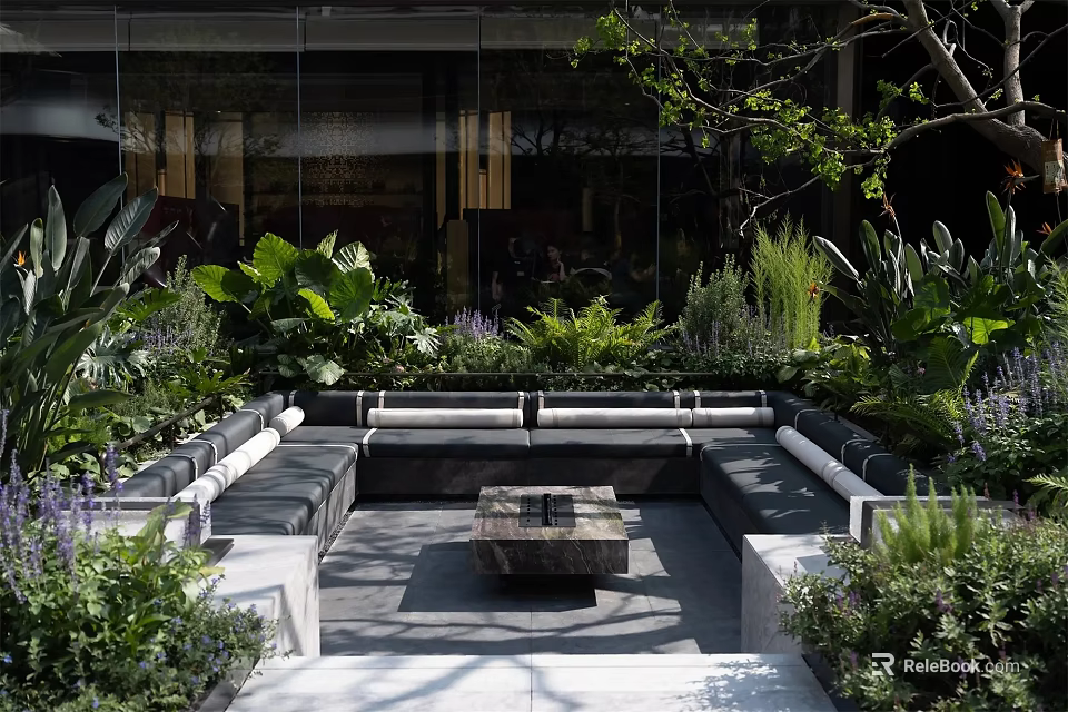 Modern Landscape Seating In Outdoor Garden With Lush Green Plants And Central Fire Pit 3d model 