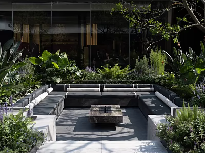 Modern Landscape Seating In Outdoor Garden With Lush Green Plants And Central Fire Pit 3d model