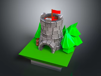 Picturesque Castle Tower Landscape With Red Flag Green Trees Grass And Wooden Barrel 3d model