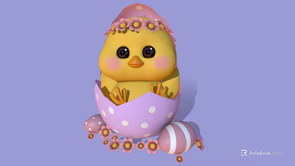 Cute Yellow Chick In Purple Polka Dot Eggshell With Flower Crown Decorative Eggs And Flowers 3d model 