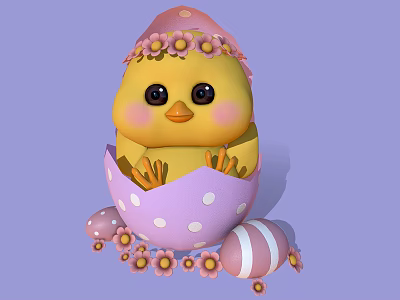 Cute Yellow Chick In Purple Polka Dot Eggshell With Flower Crown Decorative Eggs And Flowers 3d model