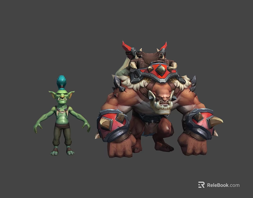Small Green Goblin With Blue Headpiece And Horned Armored Giant Standing Together 3d model 