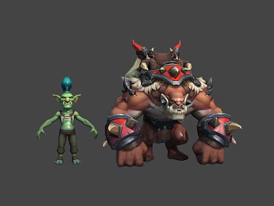 Small Green Goblin With Blue Headpiece And Horned Armored Giant Standing Together 3d model