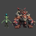 Small Green Goblin With Blue Headpiece And Horned Armored Giant Standing Together