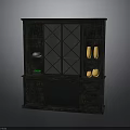 Dark Wooden Cabinet With Glass Door Open Shelves And Decorative Vases Bowl Plant
