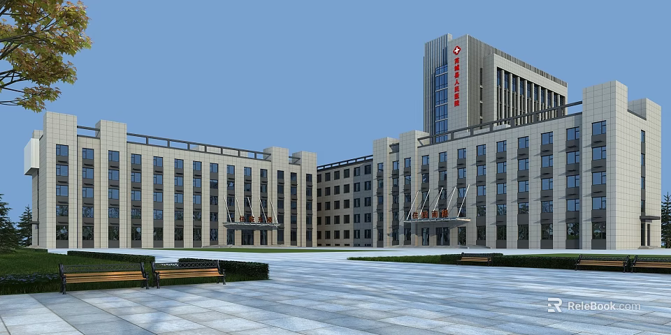 Modern City Peoples Hospital Building With Spacious Square Benches And Large Windows 3d model 