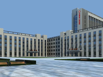 Modern City Peoples Hospital Building With Spacious Square Benches And Large Windows 3d model