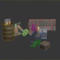 Rusty Industrial Equipment With Metal Barrel Orange Cones Toolbox And Cardboard Boxes
