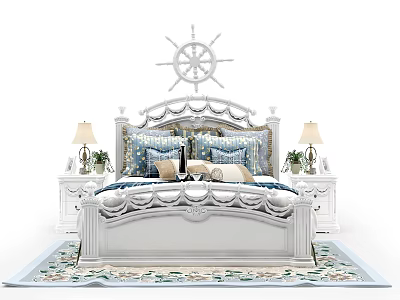 White Ornate Double Bed With Ship Wheel Decor Nightstands Table Lamps Pillows And Rug 3d model