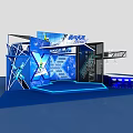 Modern Blue Exhibition Booth Design With Staircase Platform And Lighting Elements 3d model