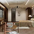 Bedroom Interior Design With Green Headboard Bed And Wooden Floor Chandelier Decorative Paintings Rug