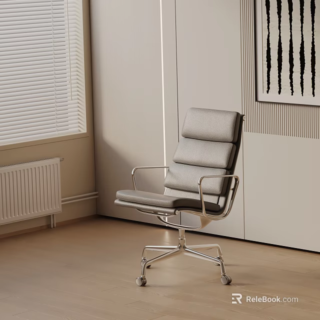 Gray Upholstered High Back Office Chair With Metal Frame In Modern Interior And Window Blinds 3d model 