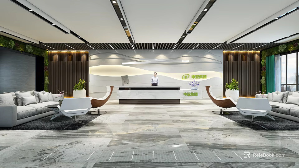 Modern Front Desk Reception Interior Design With Spacious Area Marble Floor Green Plants Comfortable Sofas 3d model