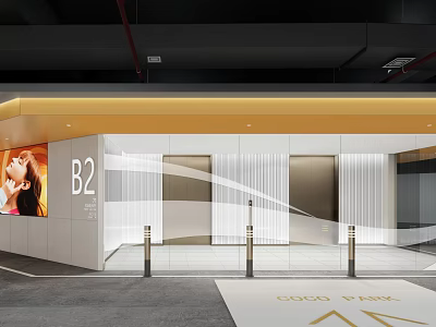 Modern Shopping Mall Lobby With B2 Sign Elevators White Walls And Golden Accents 3d model