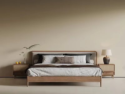 Modern Double Bed with Wooden Headboard and Bedside Tables Featuring Table Lamp and Vase Plant 3d model