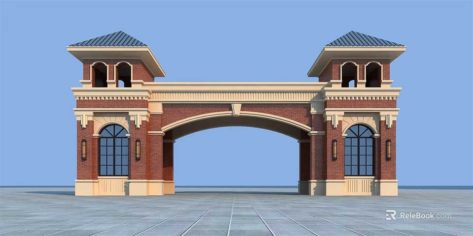 Red Brick Arched Entrance Gate With Twin Towers Arched Windows And Stone Pavement 3d model 