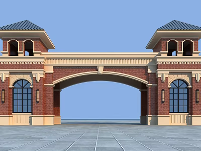 Red Brick Arched Entrance Gate With Twin Towers Arched Windows And Stone Pavement 3d model