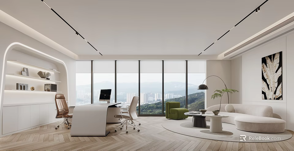 Modern Office Interior Design With Large Windows City View Wooden Flooring Desk Computer And Green Plant 3d model 