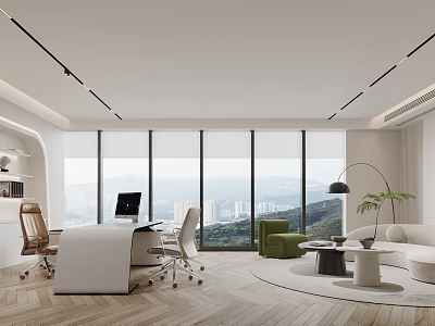 Modern Office Interior Design With Large Windows City View Wooden Flooring Desk Computer And Green Plant 3d model