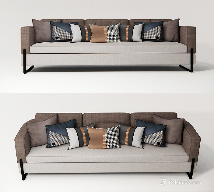 Modern Sectional Sofa With Neutral Upholstery Black Metal Legs And Mixed Color Patterned Cushions 3d model 