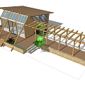 Wooden Log Cabin With Gabled Roof Glass Windows And Wooden Pergola Surrounded By Green Plants