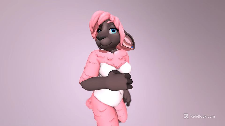 3D Game Movie Character with Pink Hair Dark Skin Rabbit Ears in Pink White Outfit 3d model 