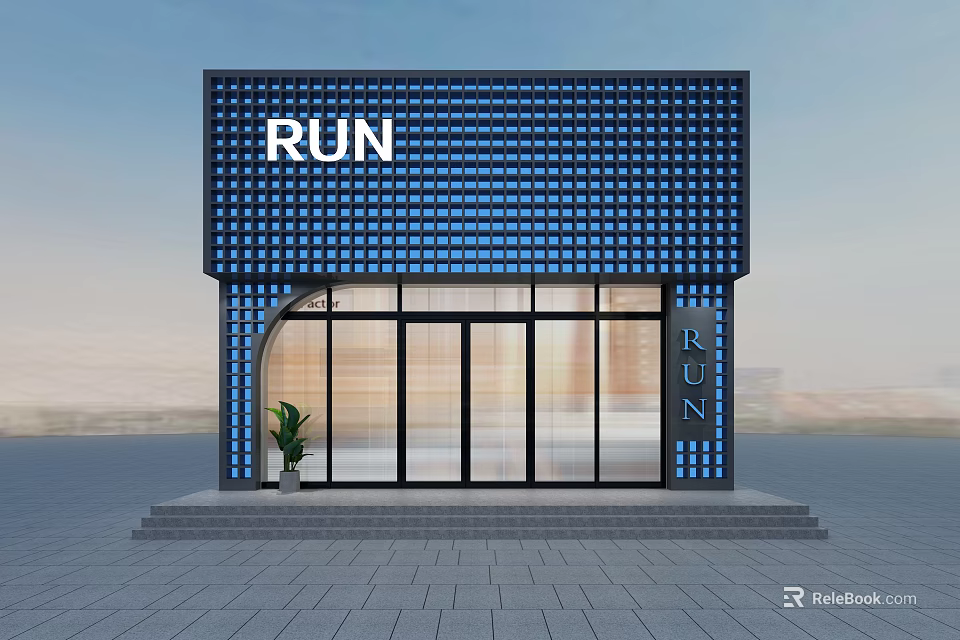 RUN Storefront With Blue Grid Design Curved Glass Door Steps And Plant 3d model 