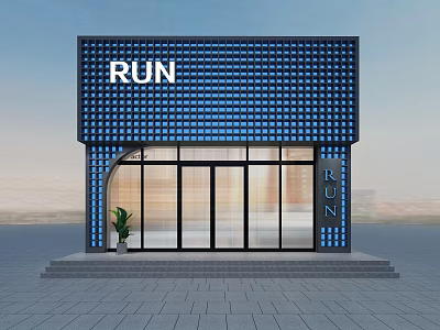 RUN Storefront With Blue Grid Design Curved Glass Door Steps And Plant 3d model