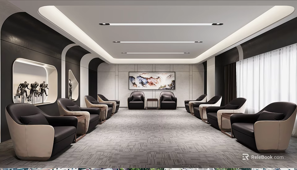 Modern Hotel Public Lounge With Comfortable Seating Decorative Artwork And Soft Lighting 3d model 