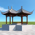 Traditional Chinese Pergola with Gray Tiled Roof Overhanging Eaves and Brown Pillars on Green Lawn