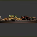 Grilled Ribs with Crispy Onion Rings Golden Fries and Fresh Vegetable Sticks on Wooden Tray