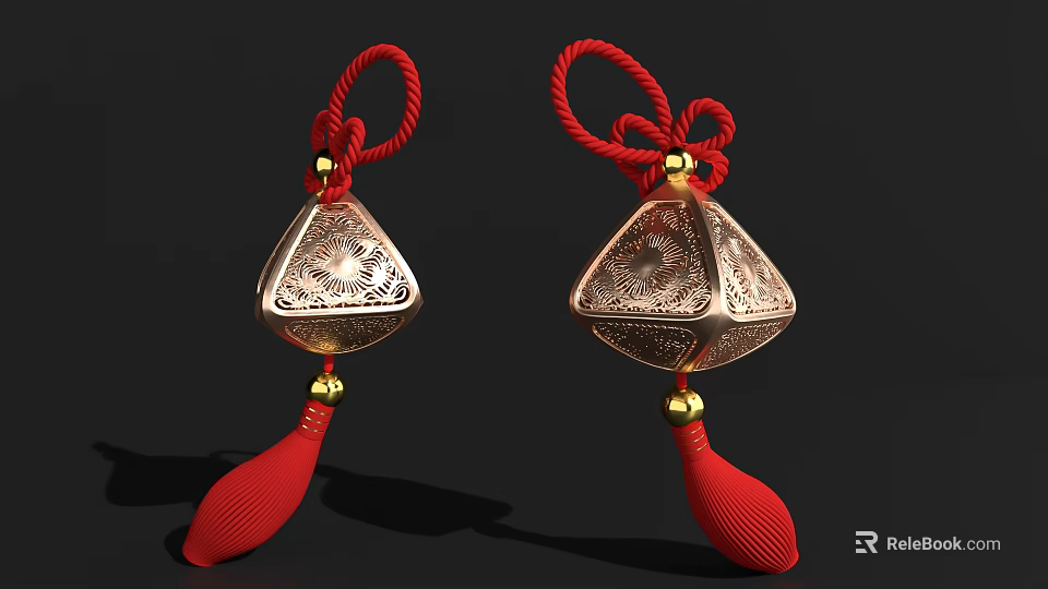 Decorative Golden Diamond Shaped Pendants With Red Rope Knots And Tassels 3d model 