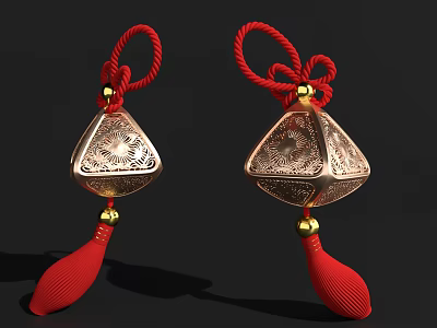 Decorative Golden Diamond Shaped Pendants With Red Rope Knots And Tassels 3d model