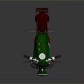 Green Motorcycle with Red Seat Vintage Design Headlight Engine Details and Blue Accent Wheels