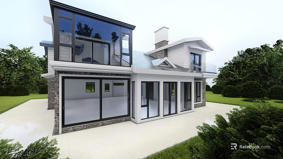 Modern Detached Villa With Large Glass Windows Stone Wall And Green Lawn 3d model 