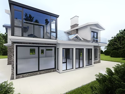 Modern Detached Villa With Large Glass Windows Stone Wall And Green Lawn 3d model