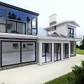 Modern Detached Villa With Large Glass Windows Stone Wall And Green Lawn