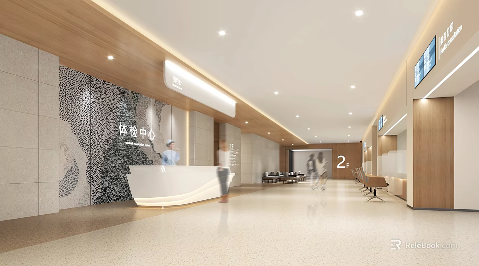 Modern Hospital Outpatient Clinic Lobby With Reception Desk Medical Sign People Walking And Seats 3d model 