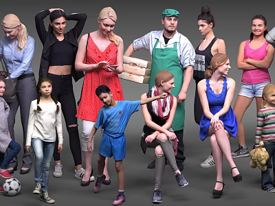 Group of People Various Ages Standing and Sitting with Soccer Ball in Casual Attire 3d model