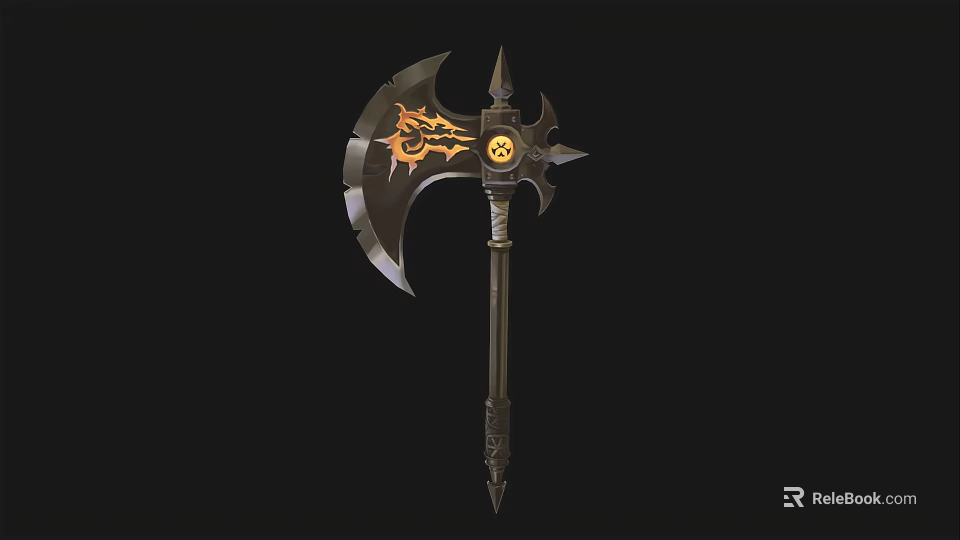 Ornate Battle Axe Weapon With Flame Pattern Circular Symbol And Long Handle 3d model 