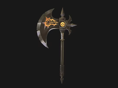 Ornate Battle Axe Weapon With Flame Pattern Circular Symbol And Long Handle 3d model